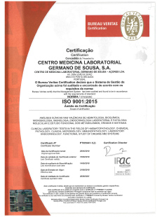 Certificat ISO 9001:2015  Centro de Medicina Laboratorial Germano de Sousa - AÇORES
