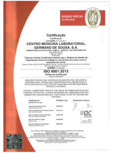 Certificat ISO 9001:2015  Centro de Medicina Laboratorial Germano de Sousa - Laboratório de Patologia Clinica Hospital CUF Descoberta