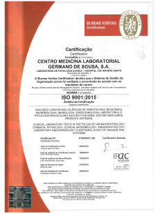 Certificat ISO 9001:2015  Centro de Medicina Laboratorial Germano de Sousa - Laboratório de Patologia Clinica Hospital CUF Infante Santo