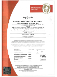Certificat ISO 9001:2015  Centro de Medicina Laboratorial Germano de Sousa - ÉVORA