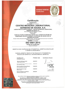 Certificat ISO 9001:2015  Centro de Medicina Laboratorial Germano de Sousa - Genética Médica