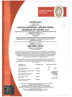 Certificat ISO 9001:2015  Centro de Medicina Laboratorial Germano de Sousa - Patologia Clínica