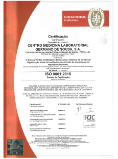 Certificat ISO 9001:2015  Centro de Medicina Laboratorial Germano de Sousa - PORTO