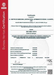 Certificate ISO 9001:2015  Centro de Medicina Laboratorial Germano de Sousa - TAVIRA
