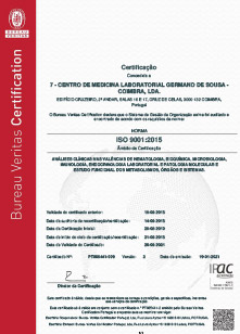 Certificate ISO 9001:2015  Centro de Medicina Laboratorial Germano de Sousa - COIMBRA