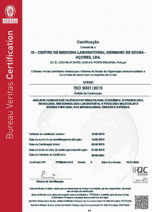 Certificate ISO 9001:2015  Centro de Medicina Laboratorial Germano de Sousa - AÇORES