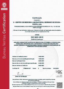 Certificado ISO 9001:2015  Centro de Medicina Laboratorial Germano de Sousa - Laboratório de Patologia Clinica do Hospital CUF Descobertas