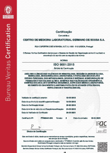 Certificate ISO 9001:2015  Centro de Medicina Laboratorial Germano de Sousa