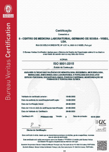 Certificate ISO 9001:2015  Centro de Medicina Laboratorial Germano de Sousa - VISEU